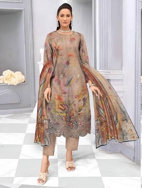 3 pc women unstitched lawn printed suit 1