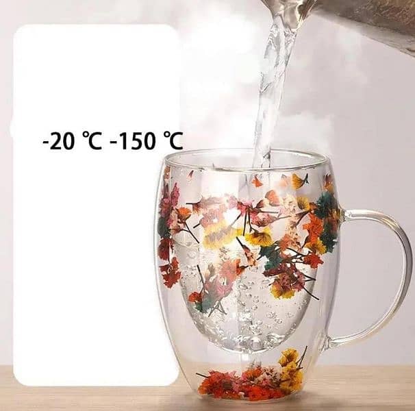 Double Glass Artificial Flowers Transparent Coffee Mug - 350ml 3