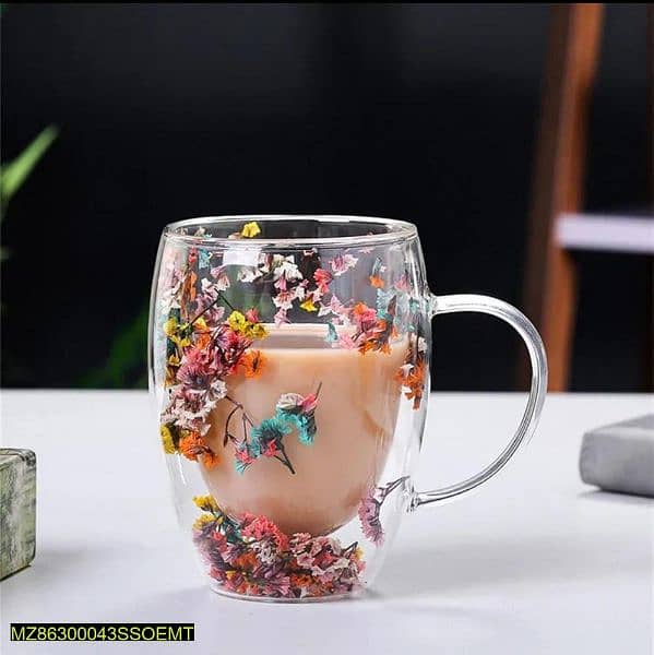 Double Glass Artificial Flowers Transparent Coffee Mug - 350ml 4