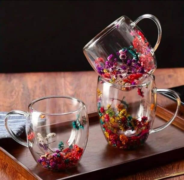 Double Glass Artificial Flowers Transparent Coffee Mug - 350ml 5