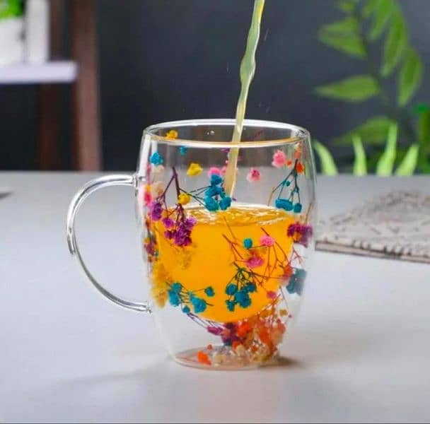 Double Glass Artificial Flowers Transparent Coffee Mug - 350ml 6