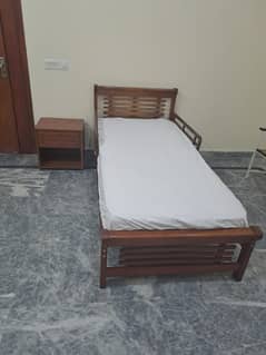 Single Wooden Bed With Matress & One Side Table