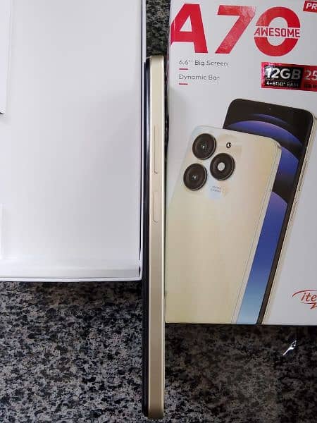 Itel A70 PTA Approved with Ful Box  256 GB Gold color 2 day use kia ha 1