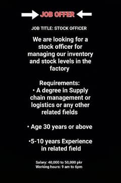 Stock Officer/ Inventory Manager for Factory