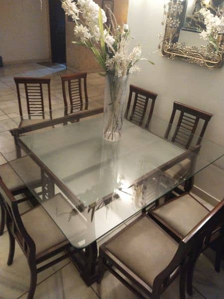 8 seater dining table wooden with glass top 6