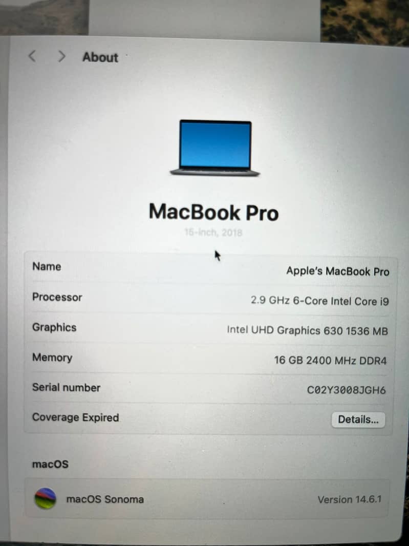 Macbook 2018 - 15.5 Inches - intel core i9 - 16Gb with 1TB hard 8