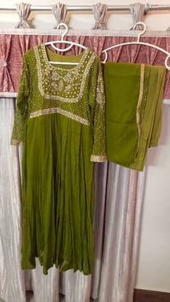 3 piece parrot green maxi with dupatta and trouser