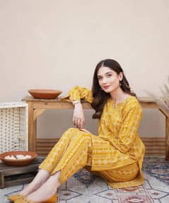 2 piece women's stitched linen block printed shirt and trouser