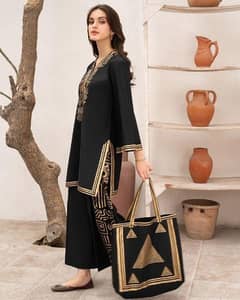 2 Pcs Women's Stitched Linen Printed Suit with Handbag