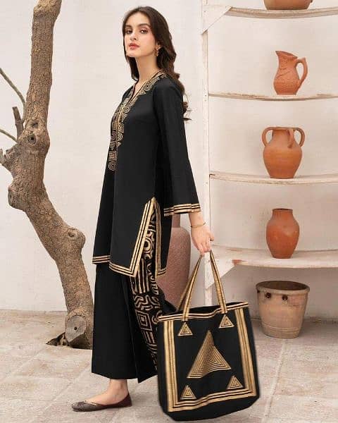 2 Pcs Women's Stitched Linen Printed Suit with Handbag 0