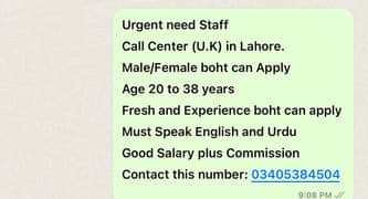 Need Satff Call Center