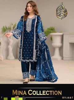 3 Pcs women's stitched Organza Sequins Embroidered Zari Tilla suit