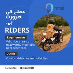 RIDERS REQUIRED IN MULTAN FOR DELIVERY