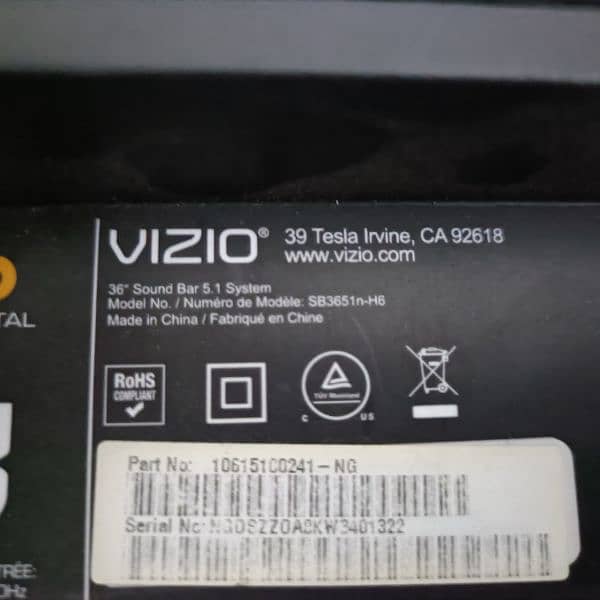 vizio sb3651. powerfull bass 6inch hdmi dtsx dts dts Dolby atmos like 18