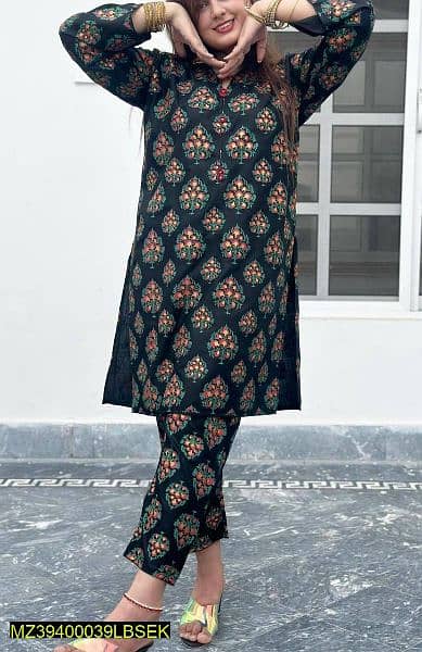 2pcs woman stitches linen block printed suit 1