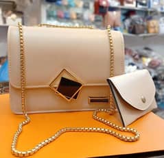 2 Pcs PU Leather Hand Bag With Long Golden Chain with FREE DELIVERY