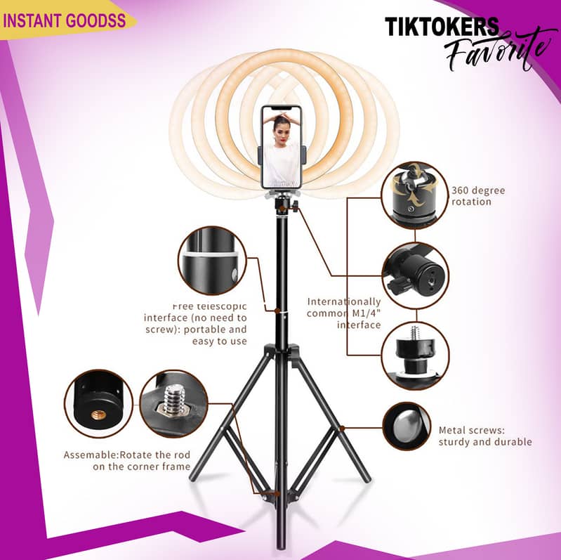 Tripod stand Aluminum 7 Feet with mobile holder and Ring Light 1