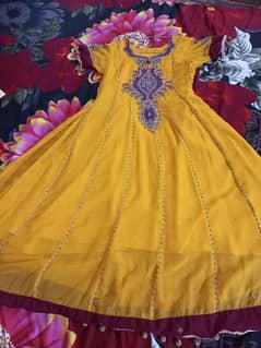 yellow Mehndi embroidered frock with churi daar pajama