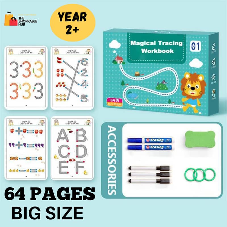 A4 Kids Magical Tracing Workbook Set 64 Pages with 2 Markers & Duster 0