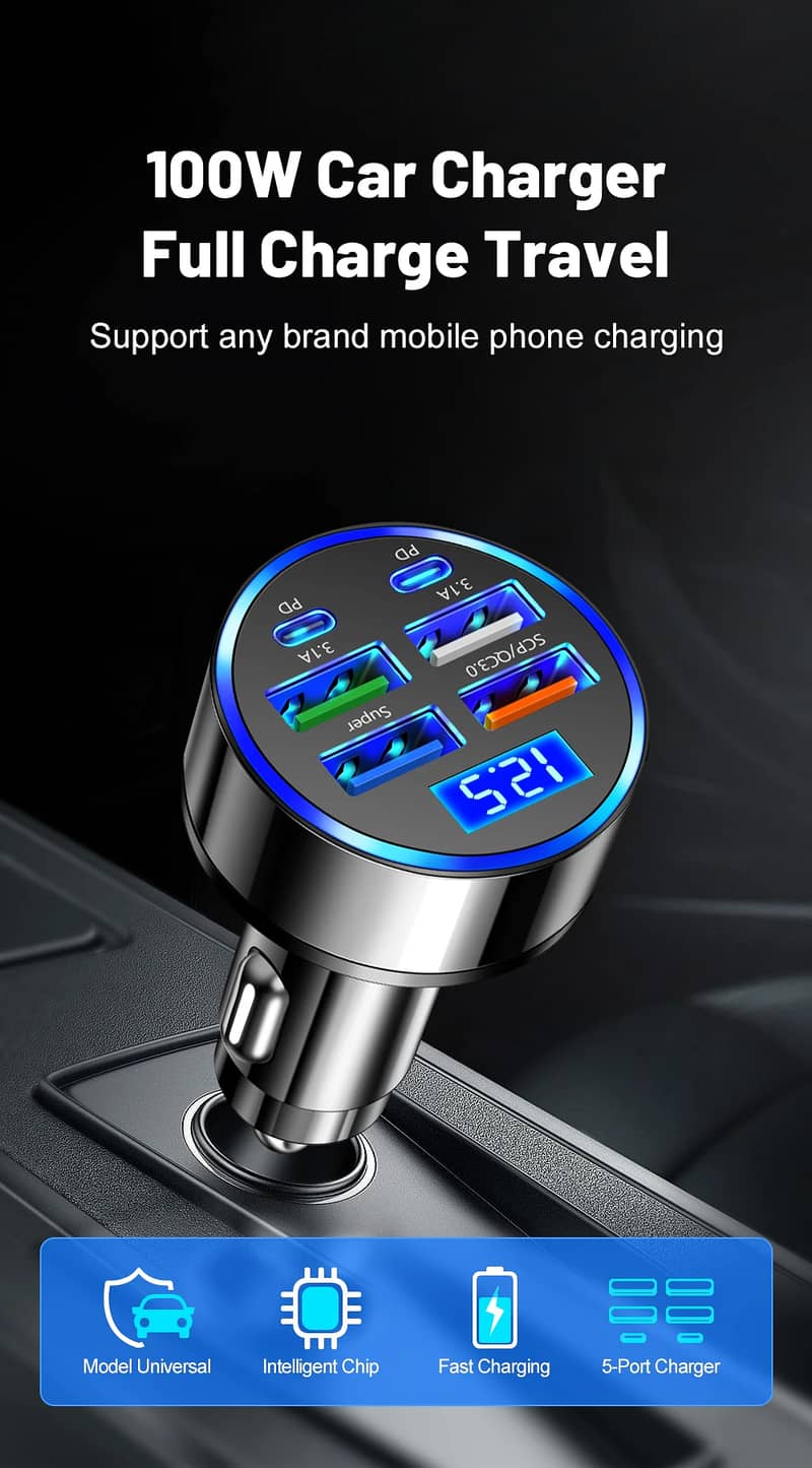 Car Charger 100W Support Super Fast Charging 6 In 1 Multi-port Voltage 2