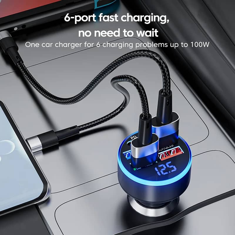 Car Charger 100W Support Super Fast Charging 6 In 1 Multi-port Voltage 12