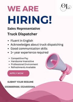 We Hiring in call center for sale and truck dispatch specialist