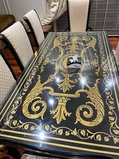 8 chairs luxury dining table with glossy base with glass