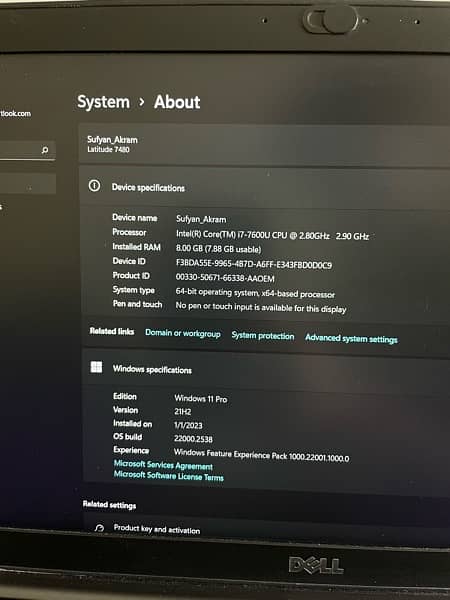 Dell Core i7 7th gen 256 GB SSD 8 GB Ram Condition 9.5/10 4