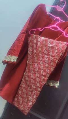 3pcs Red fancy shirt with pgama and golden dbatta