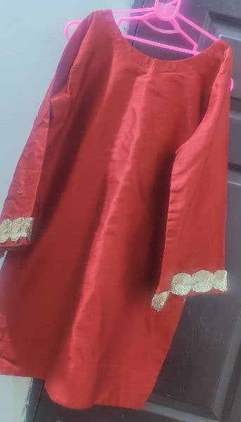 3pcs Red fancy shirt with pgama and golden dbatta 1