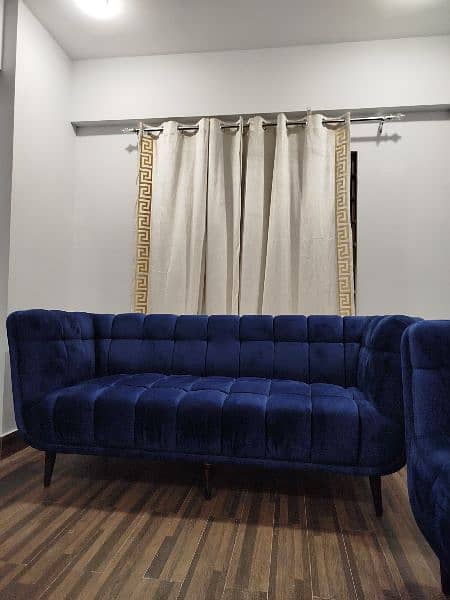 5 seater box shaped blue sofa set 1