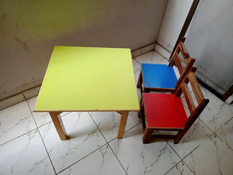 Colorful Wooden Kids Study Table with Two Chairs in Great Condition 1