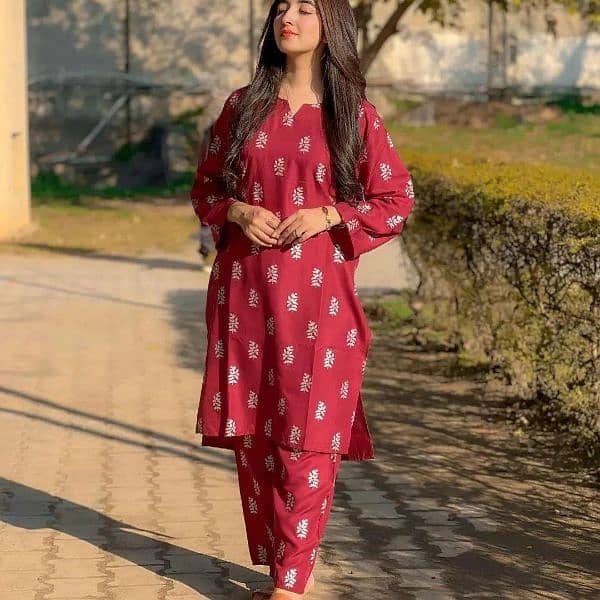 2 Pcs Women's Stitched Linen Block Printed Shirt And Trouser 2