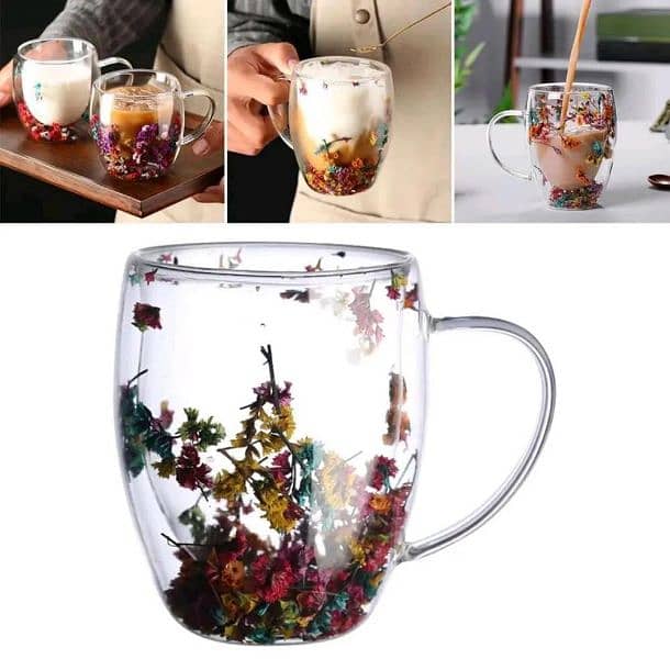 Double Glass Artificial Flowers Transparent Coffee Mug - 350ml 2