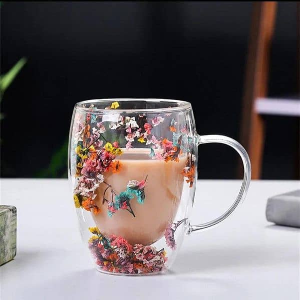 Double Glass Artificial Flowers Transparent Coffee Mug - 350ml 6