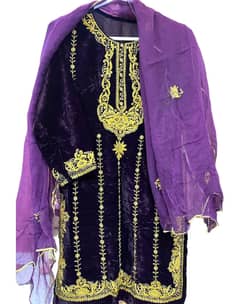 Amethyst Velvet Shirt and Silky Bottom Embellished with Dabka work.