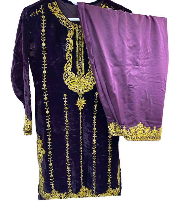 Amethyst Velvet Shirt and Silky Bottom Embellished with Dabka work. 1