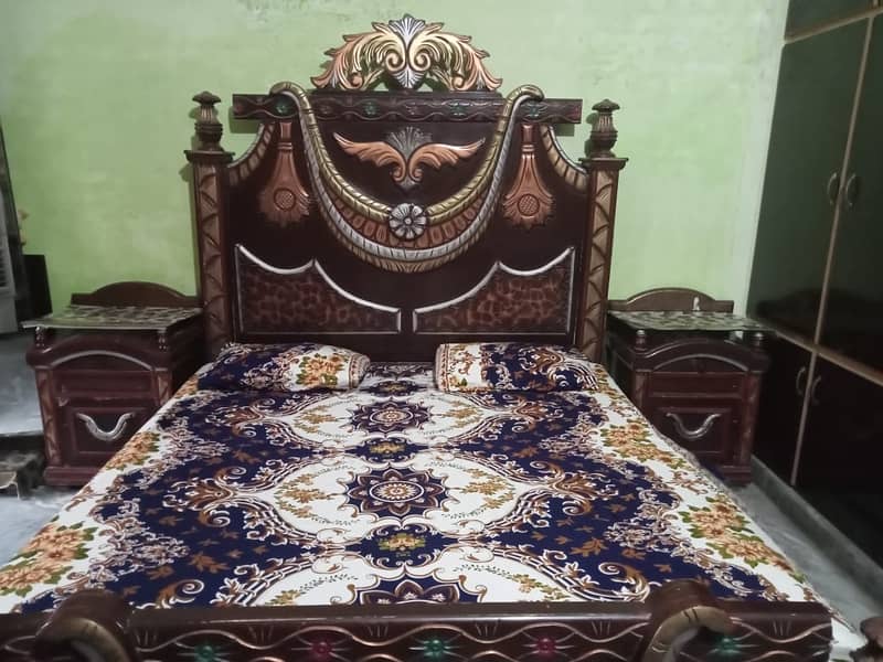 WOODEN BED WITH SIDE TABLE 0