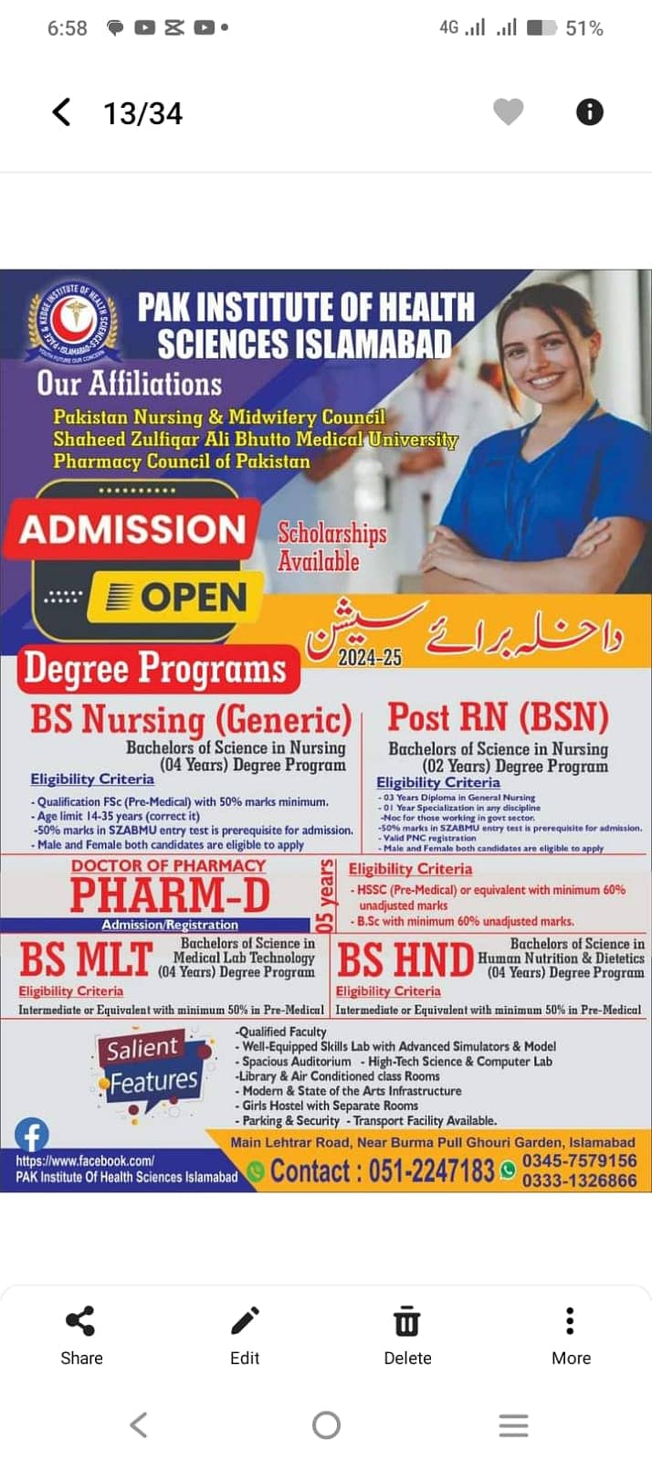 Addmission Open For Various Programs /PHARM-D /BS-MLT / BS-HND . 8