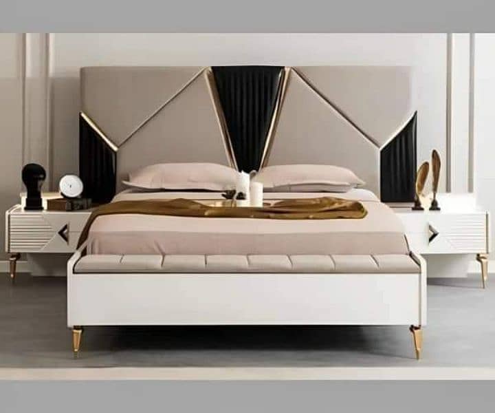 King size full back bed set brass wood along with two side tables 1