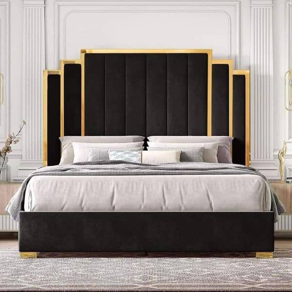 King size full back bed set brass wood along with two side tables 3