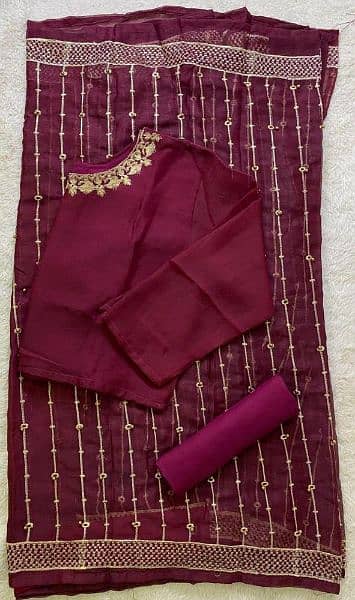 3pc womens stitched Saree chiffon embroidered Sarhee 1