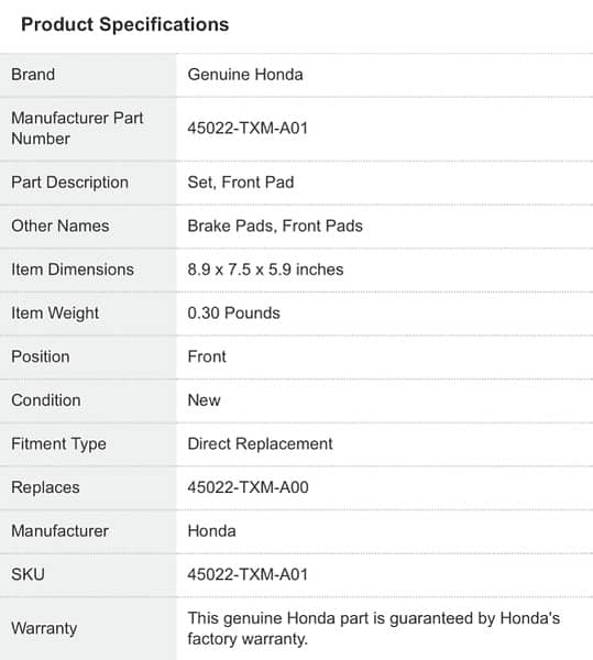 Honda Insight ZE4 / 2019-2024 - ORIGNAL FRONT BRAKE PAD PAIR 1