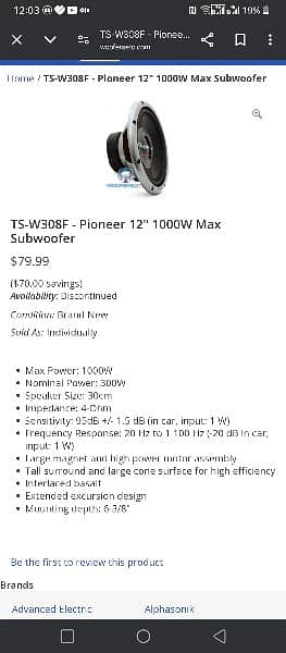 Pioneer 1000w woofer 18