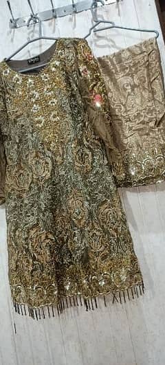 stitched golden colour dress without doupata, thread work embroidary