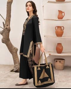 3 pcs women's stitched Linen Printed suit With HandBag