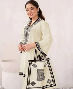 3 Pcs Women's Stitched Linen Printed Suit With Handbag