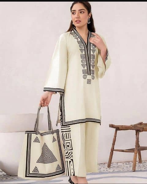 3 Pcs Women's Stitched Linen Printed Suit With Handbag 3