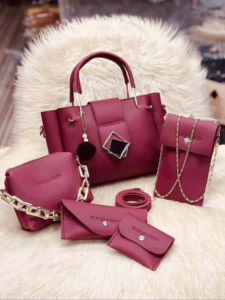 Women's Leather Plain Hand Bag Set 1