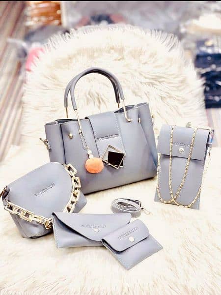 Women's Leather Plain Hand Bag Set 4